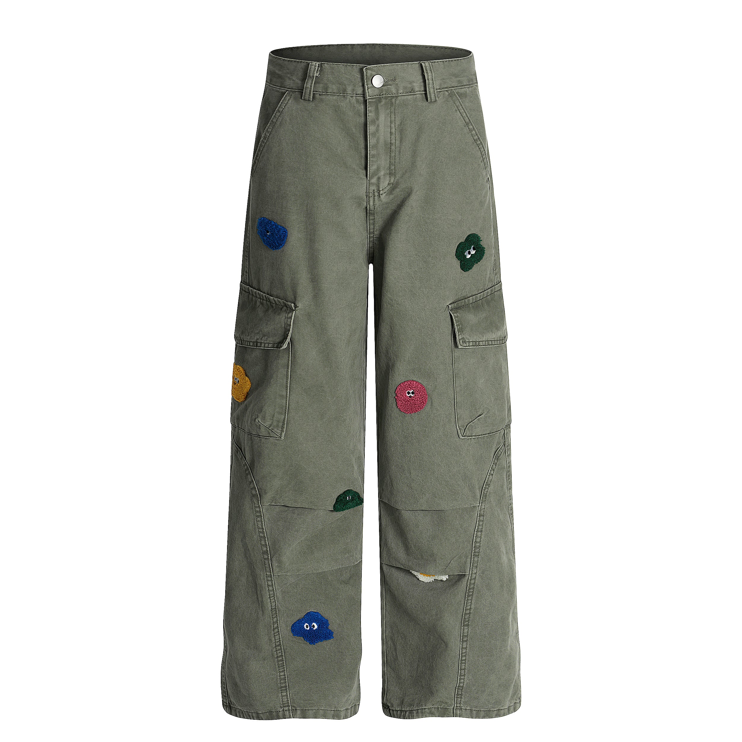 Chenille Cartoon Patch Cargo Pants | Wide-Leg Streetwear