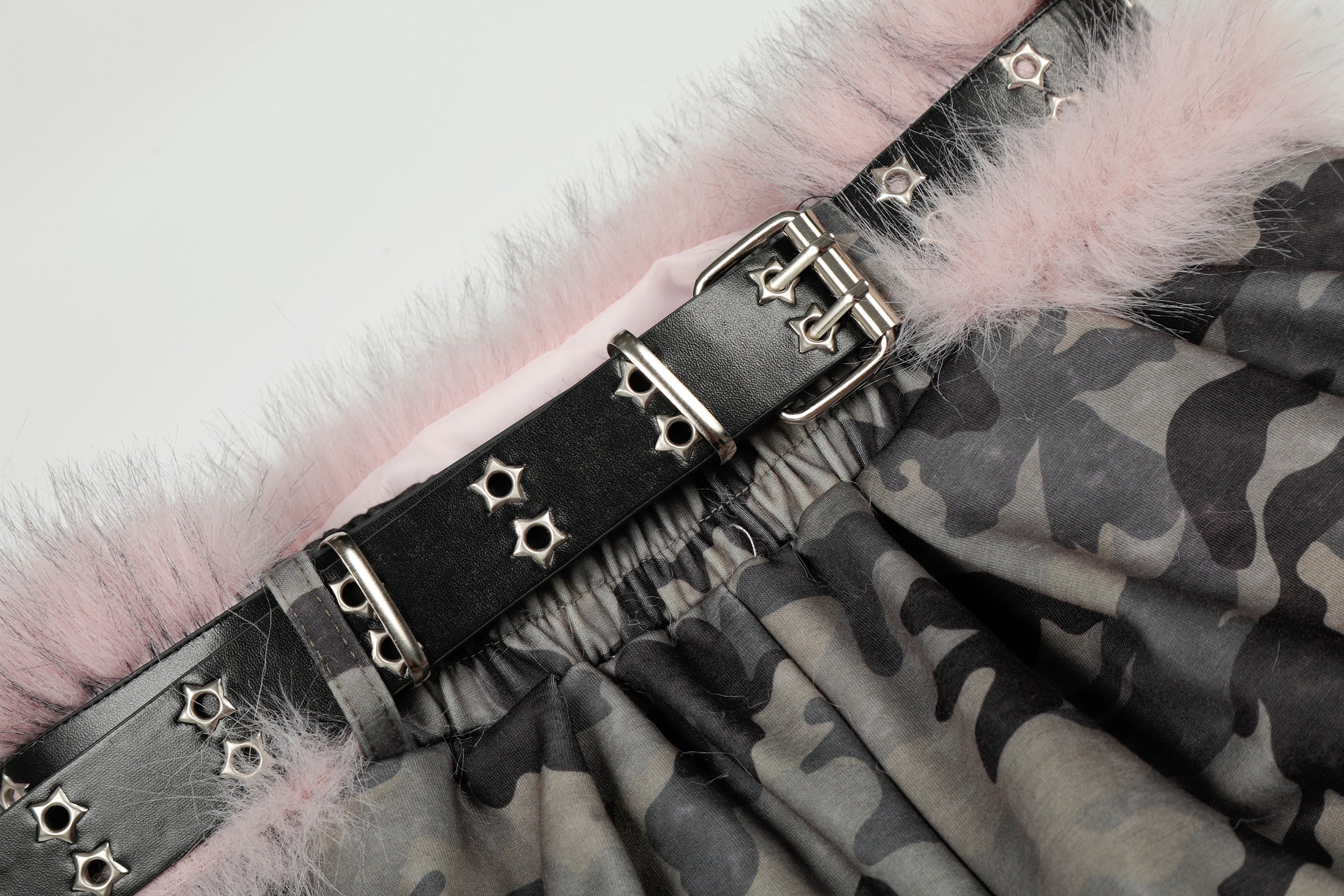 Camo Wide-Leg Pants with Pink Faux Fur Trim & Studded Belt