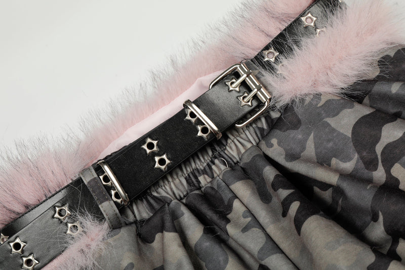 Camo Wide-Leg Pants with Pink Faux Fur Trim & Studded Belt