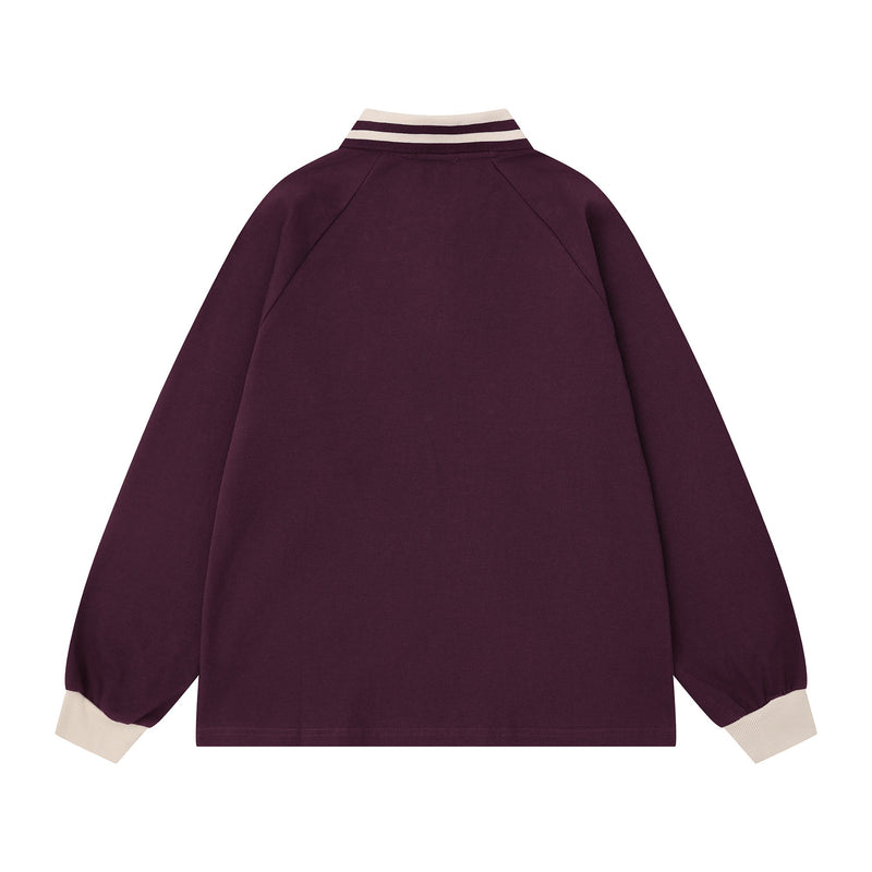 Back view of burgundy rugby polo sweatshirt with cream striped collar and cream ribbed cuffs