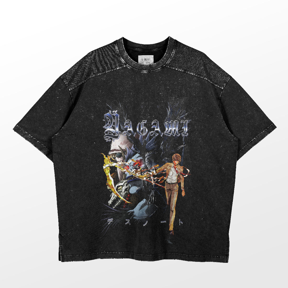 A black Death Note T-shirt from the Death Note brand features stylized &quot;Yagami&quot; text and two animated characters in action poses. Made from high-quality cotton, it has textured fabric on the shoulders and sleeves, ideal for casual daily wear.