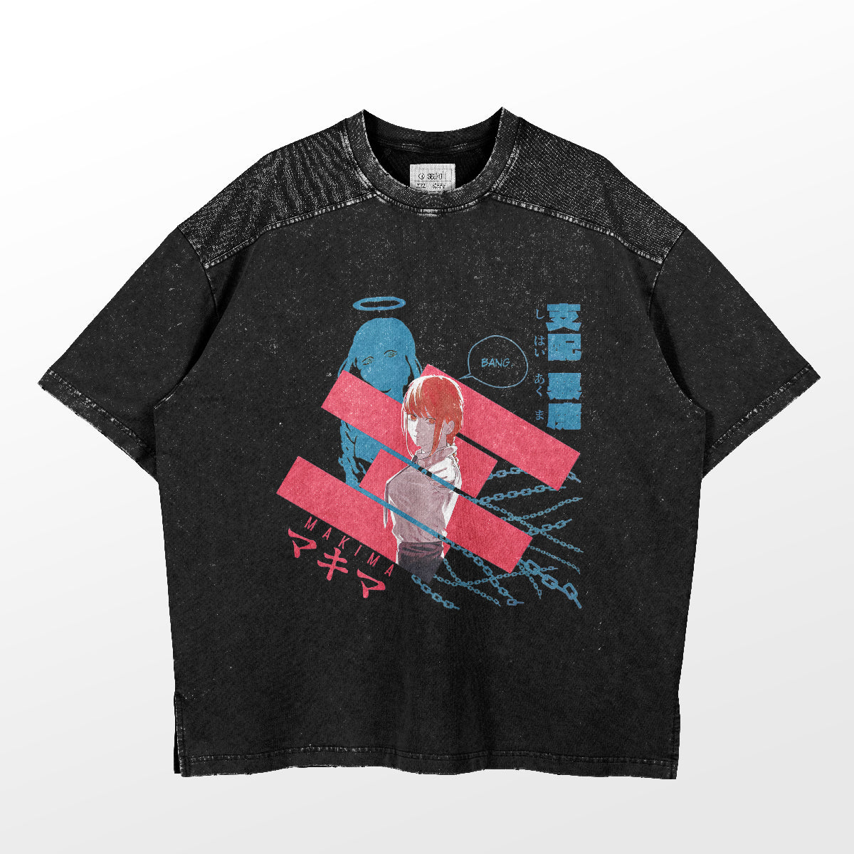 The Chainsaw Man Makima Bang T-Shirt is a 100% cotton anime shirt featuring a graphic of a red-headed figure like Makima, with ghostly elements, red stripes, blue chains, Japanese text, and a &quot;BANG&quot; speech bubble. A stylish design by the Chainsaw Man brand.