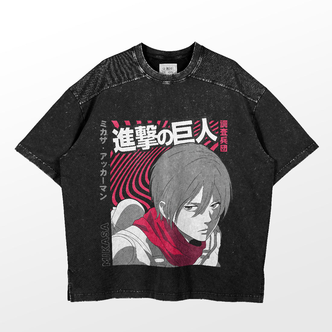 A black T-shirt with a design inspired by Attack on Titan, featuring Annie Leonhart in her Female Titan form. Japanese text and red and white patterns adorn the background, with &quot;Mikasa&quot; elegantly displayed on the side. Brand: Attack on Titan.