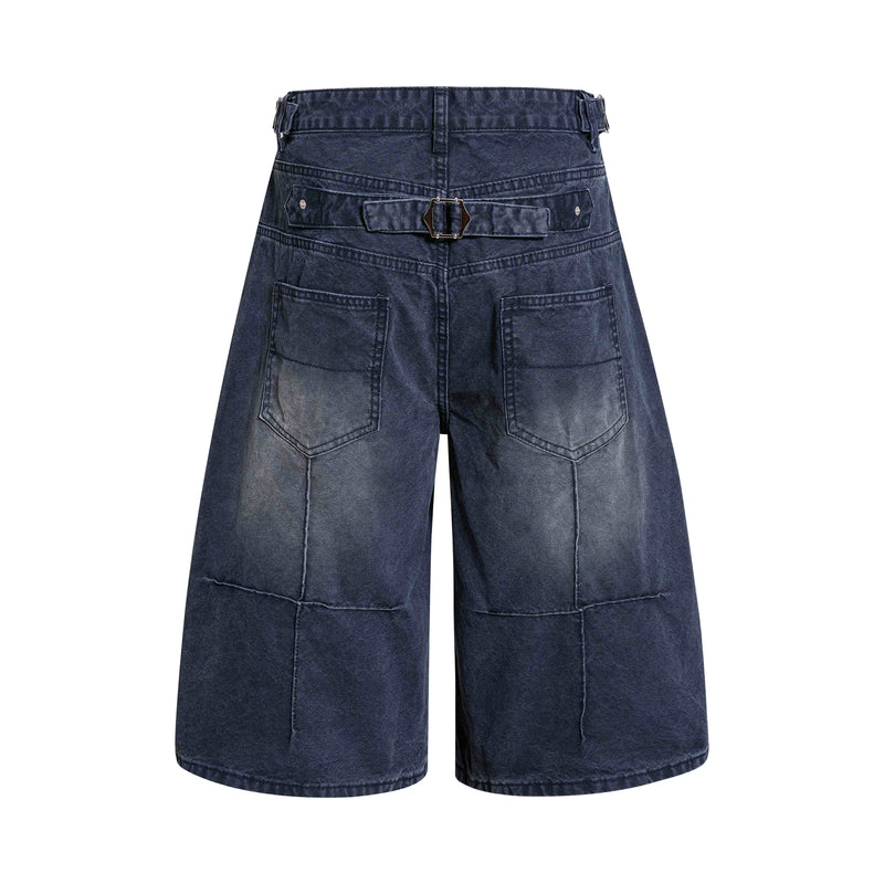 Dark wash wide-leg denim shorts with back pockets and buckled waistband detail