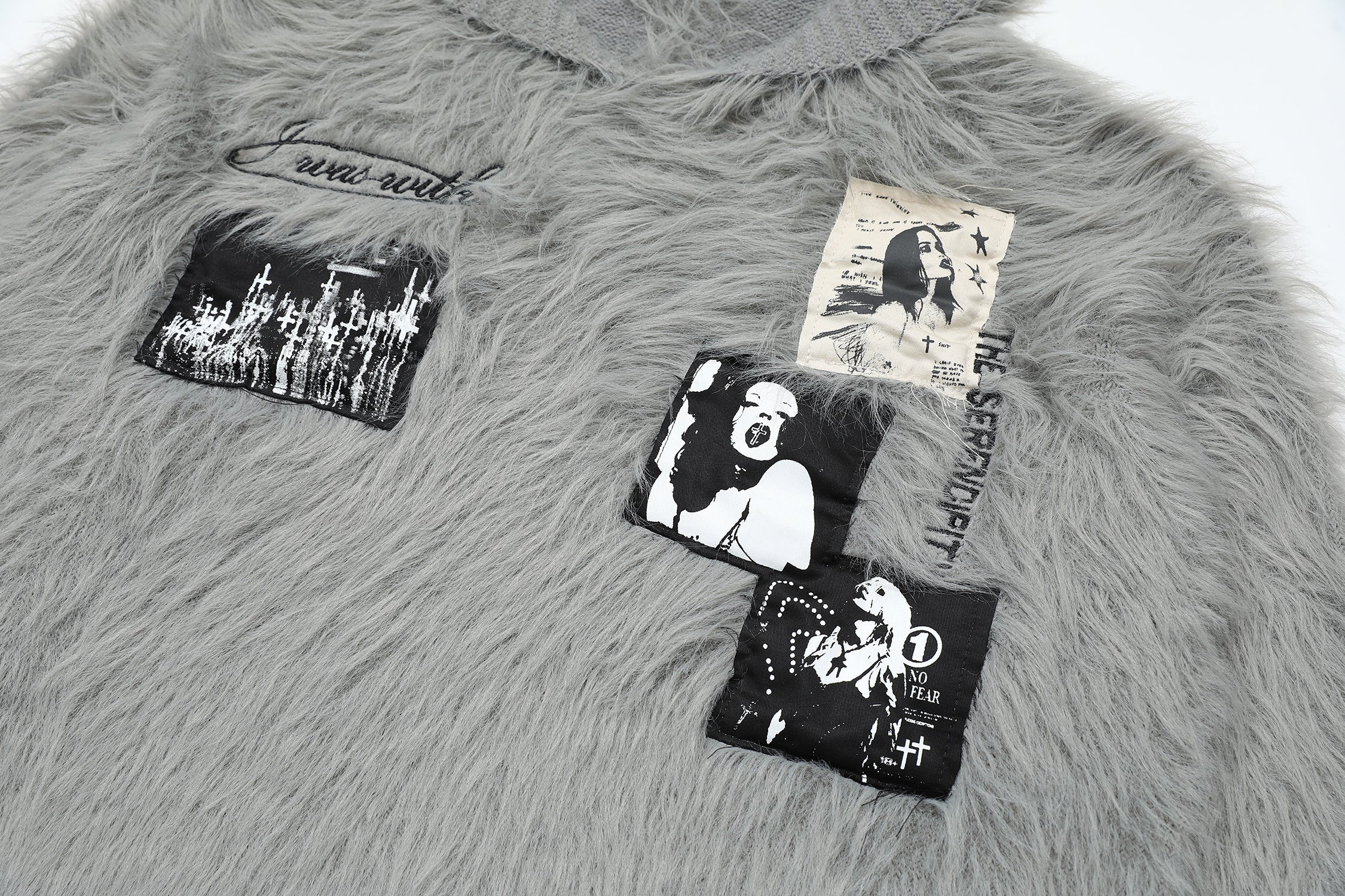Omirad Fuzzy Patch Knit Hoodie Sweater | Shaggy Grunge Pullover