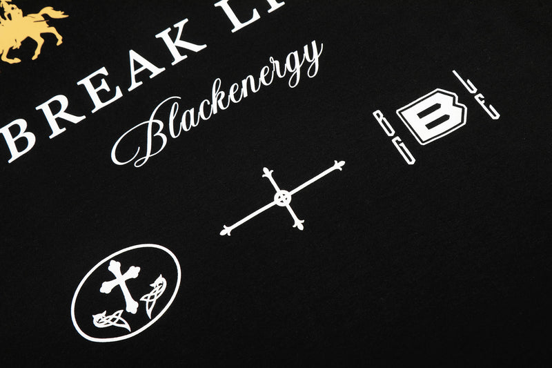 Close-up of black polo shirt front print with break line and blackenergy text