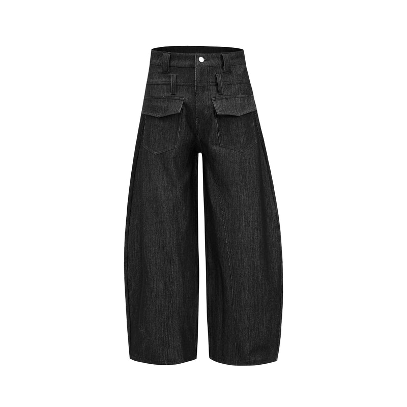 Front view of black wide-leg denim pants with cargo pockets and metal button