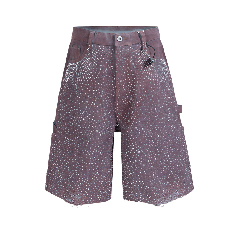 Front view of dark brown studded denim shorts with drawstring and distressed hems