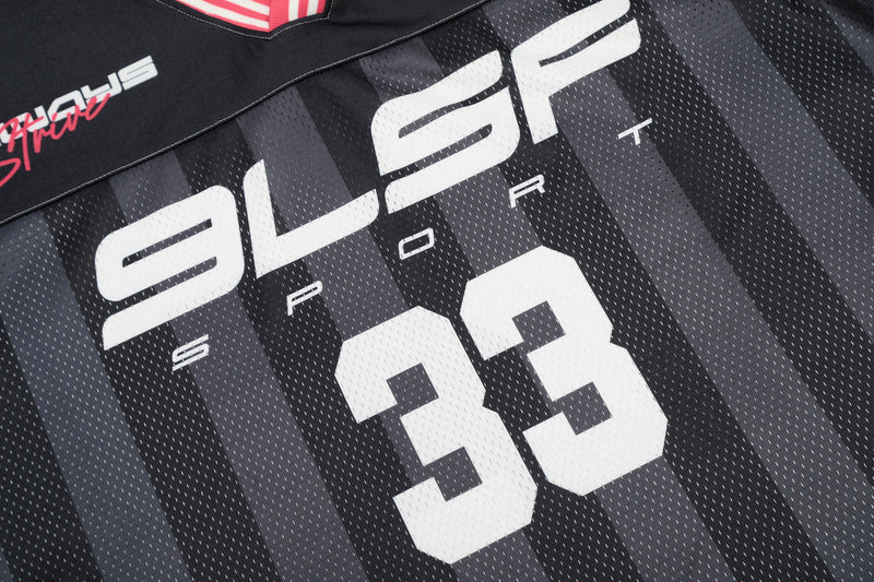 Black mesh football jersey with bold white number 33 and streetwear graphic details on the chest