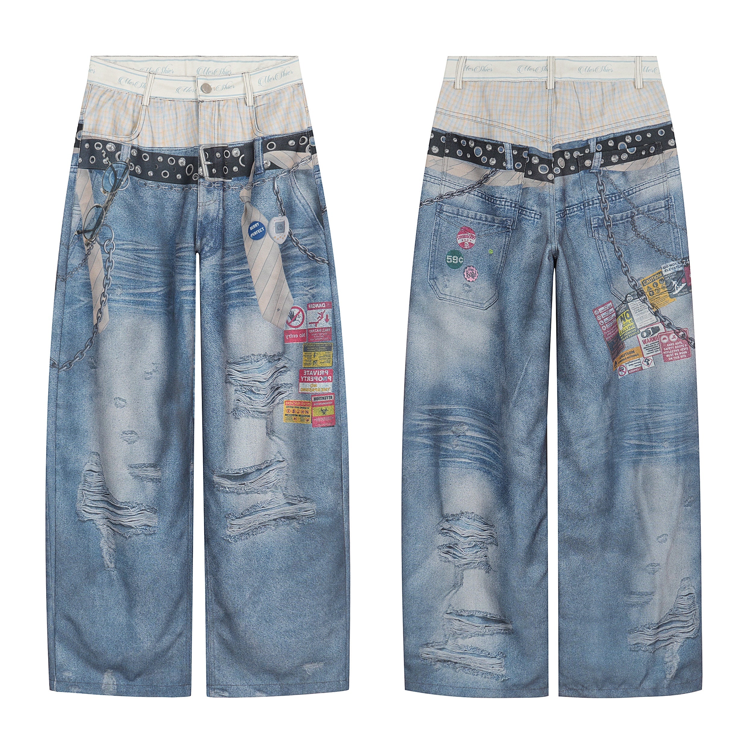 Front and back view of wide-leg trompe-l'oeil denim print pants with faux belt, chains, stickers and distressed texture