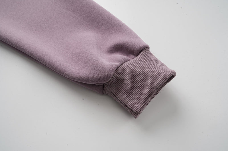 Lavender hoodie sleeve cuff with ribbed knit trim
