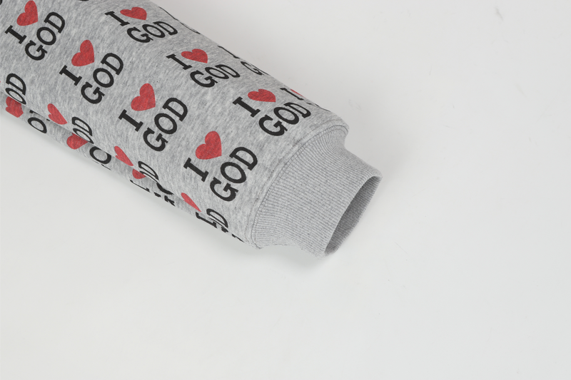 Gray hoodie sleeve cuff with printed fabric and ribbed wrist