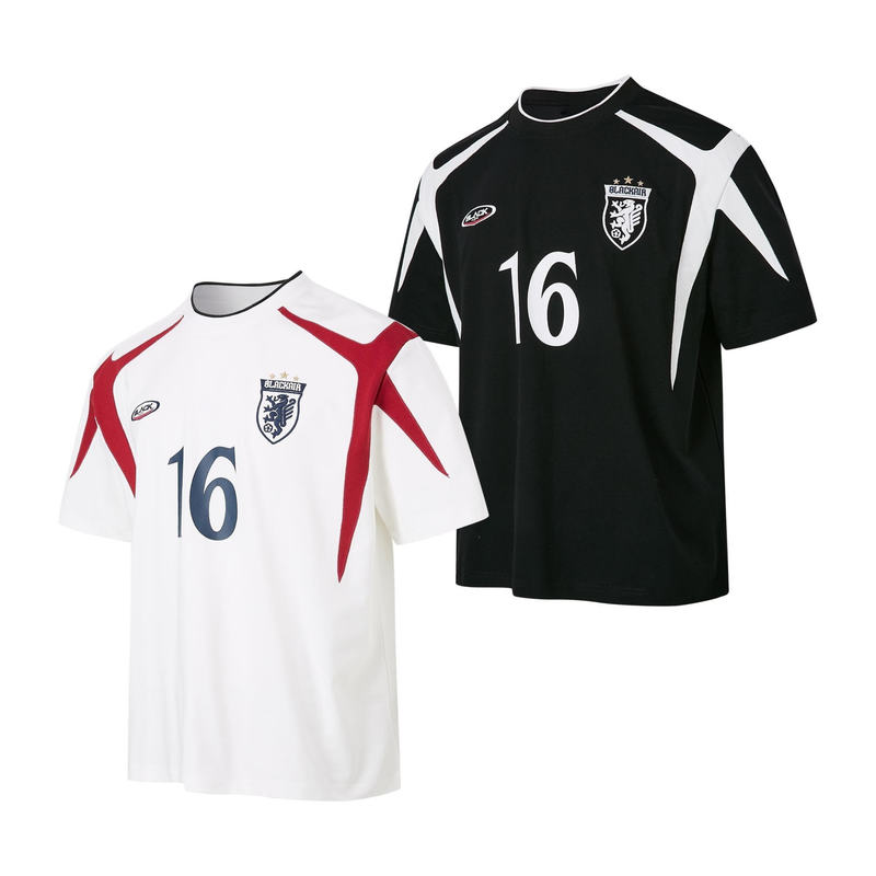 Black and white retro football jersey tees with number 16, crest logo, and red accent stripes