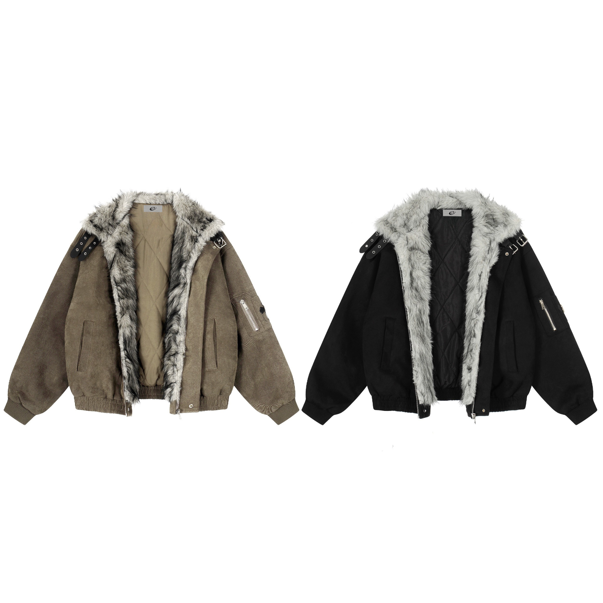 Faux Fur Collar Suede-Texture Buckle Bomber Jacket