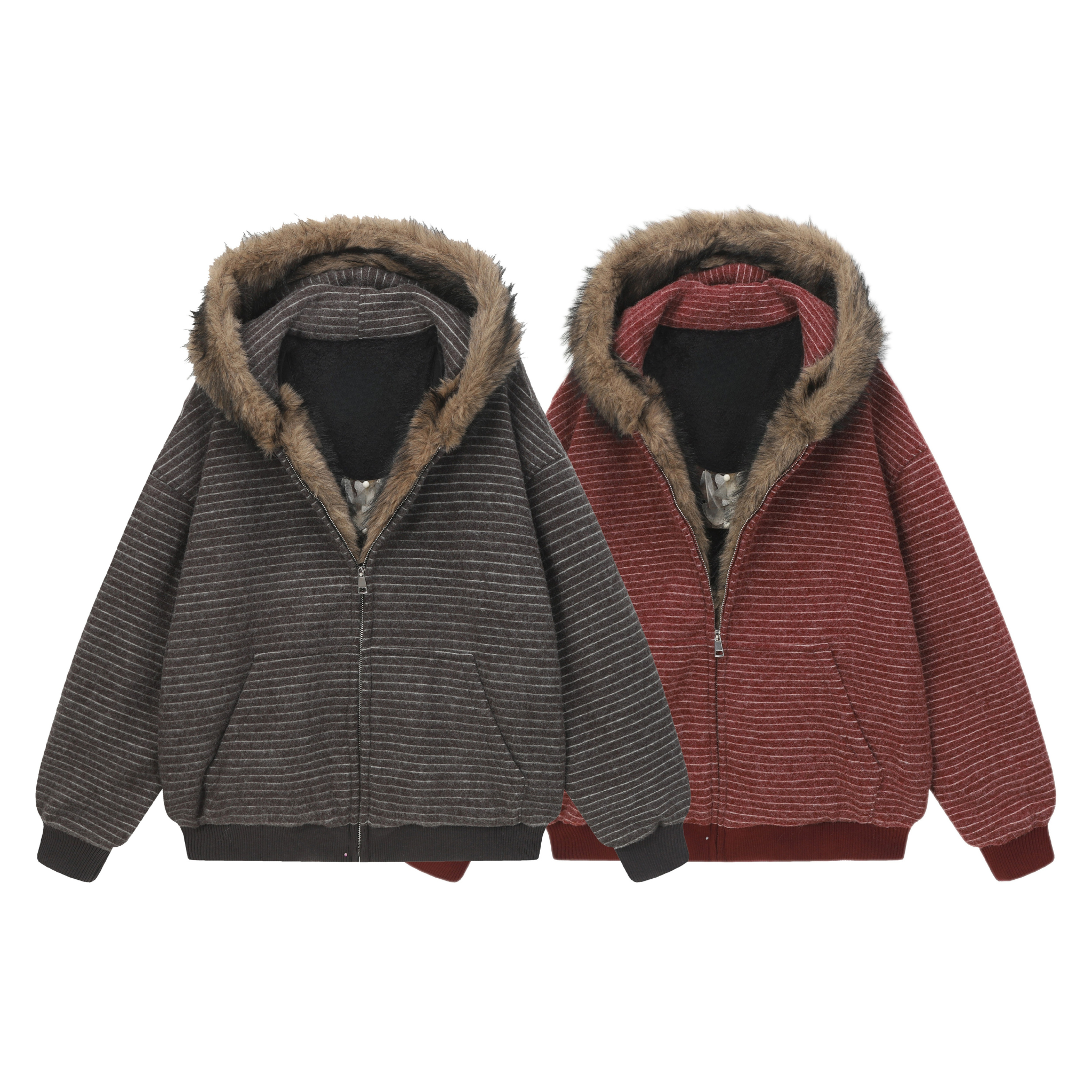 Two striped faux fur-lined zip-up hooded jackets in charcoal grey and burgundy red displayed flat on white background
