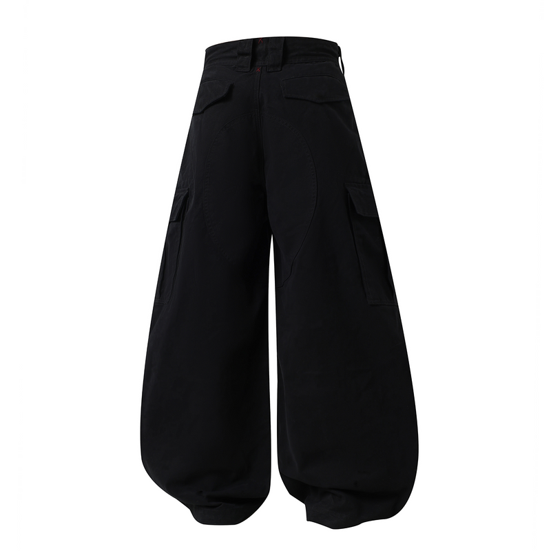 Black wide-leg cargo pants with smooth back view and oversized legs