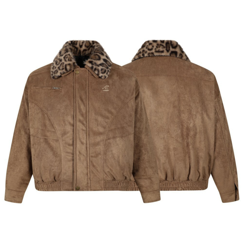 Leopard Faux Fur Collar Suede Bomber Jacket | Omirad