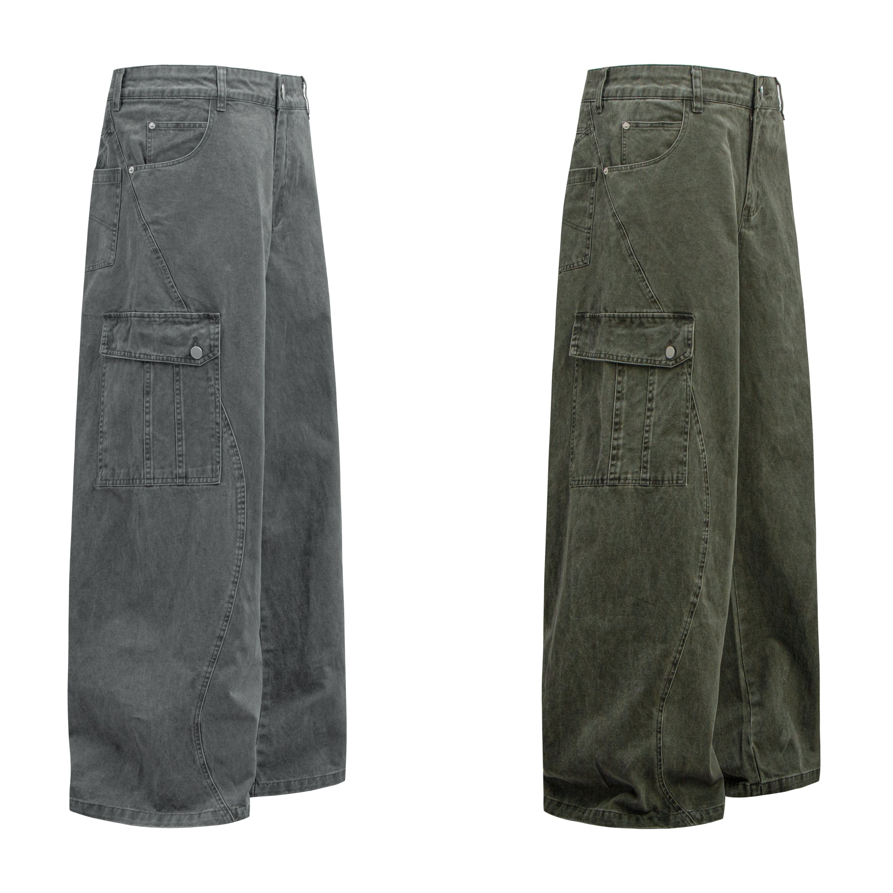Omirad Curved Cargo Wide-Leg Denim Pants | 100% Cotton
