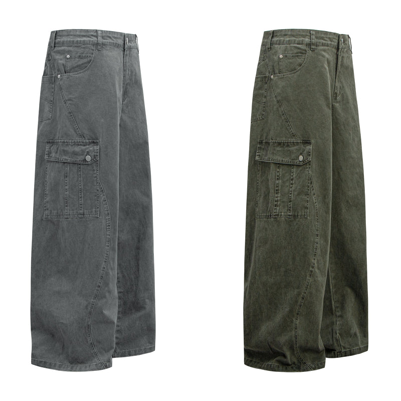 Omirad Curved Cargo Wide-Leg Denim Pants | 100% Cotton
