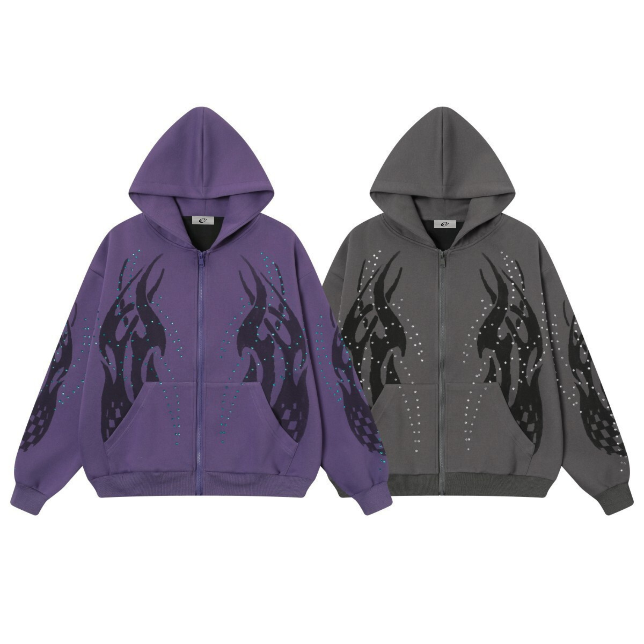 Flame Print Rhinestone Zip-Up Hoodie | Streetwear Oversized
