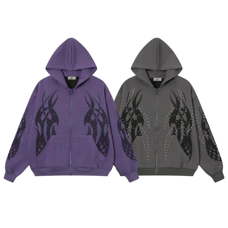 Purple and charcoal zip-up hoodie with flame graphics and rhinestone details, front view