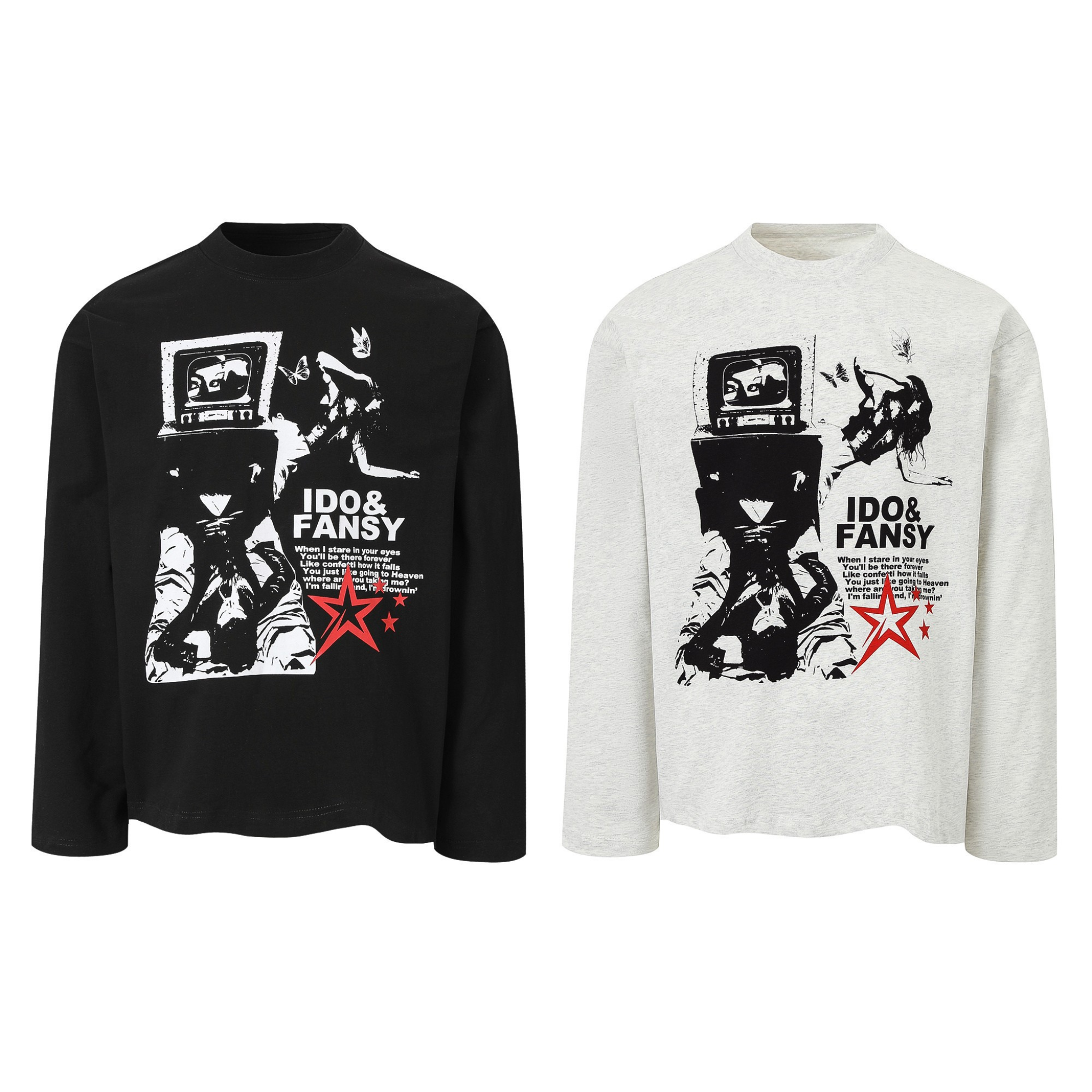 Black and grey IDO& FANSY graphic collage long-sleeve tees with monochrome TV-head figure print and red star accents