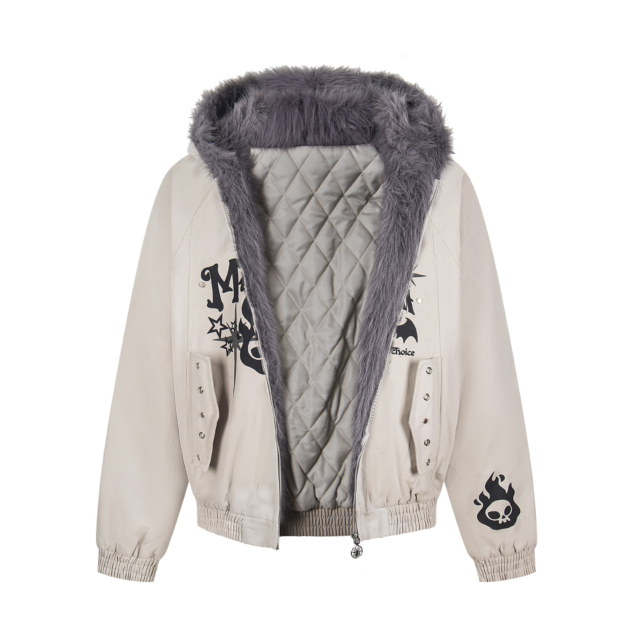 Faux Fur Collar Quilted Bomber Jacket | Streetwear Graphic