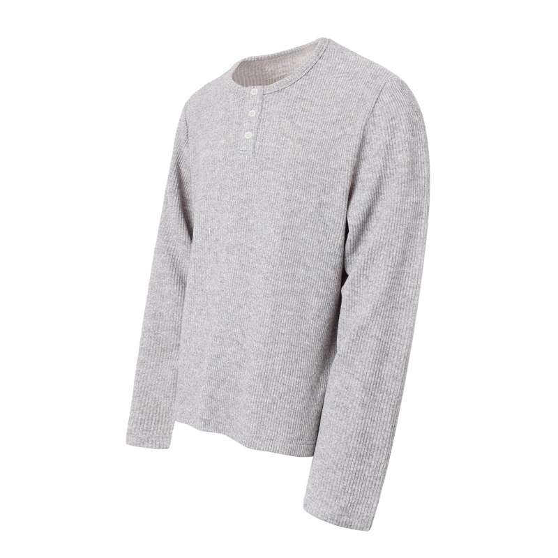 Heather gray ribbed henley tee angled front view with long sleeves