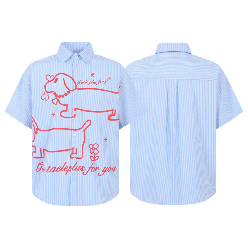 Light blue striped shirt shown front and back, with red dog graphic on the front