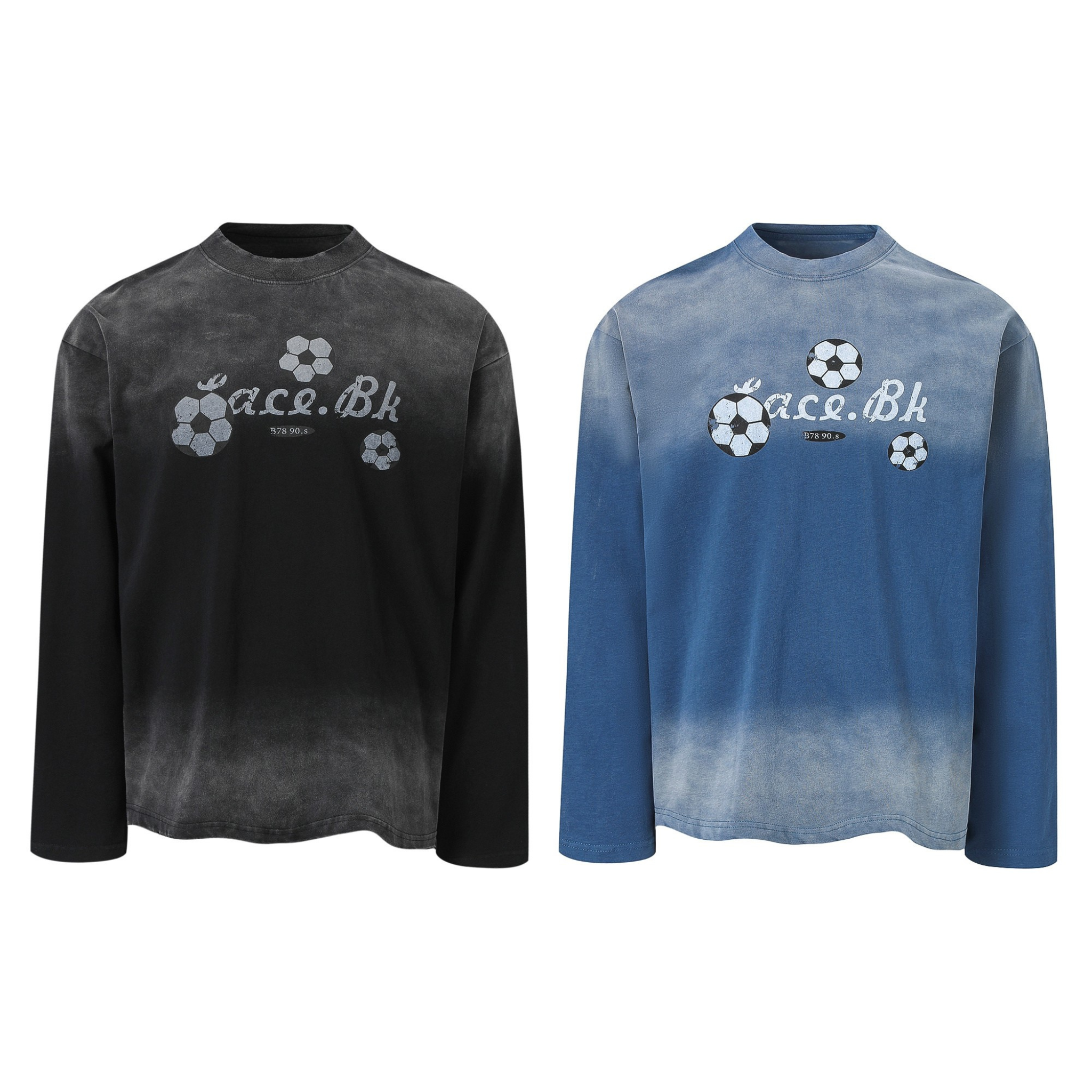 Washed black and washed blue long-sleeve tees with soccer ball graphic prints and dip-dye gradient finish