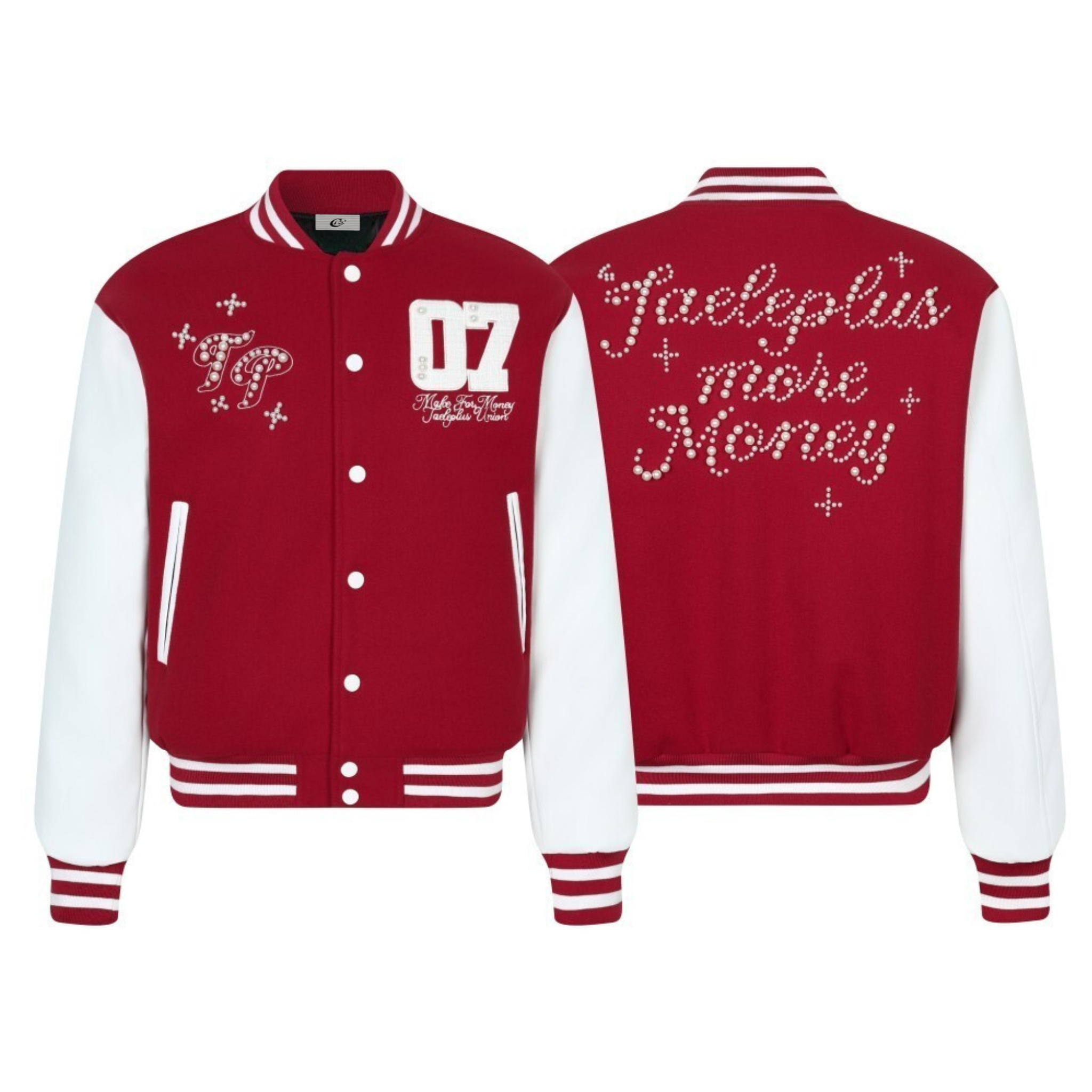 Pearl-Studded Varsity Jacket | Taeleplus More Money Design