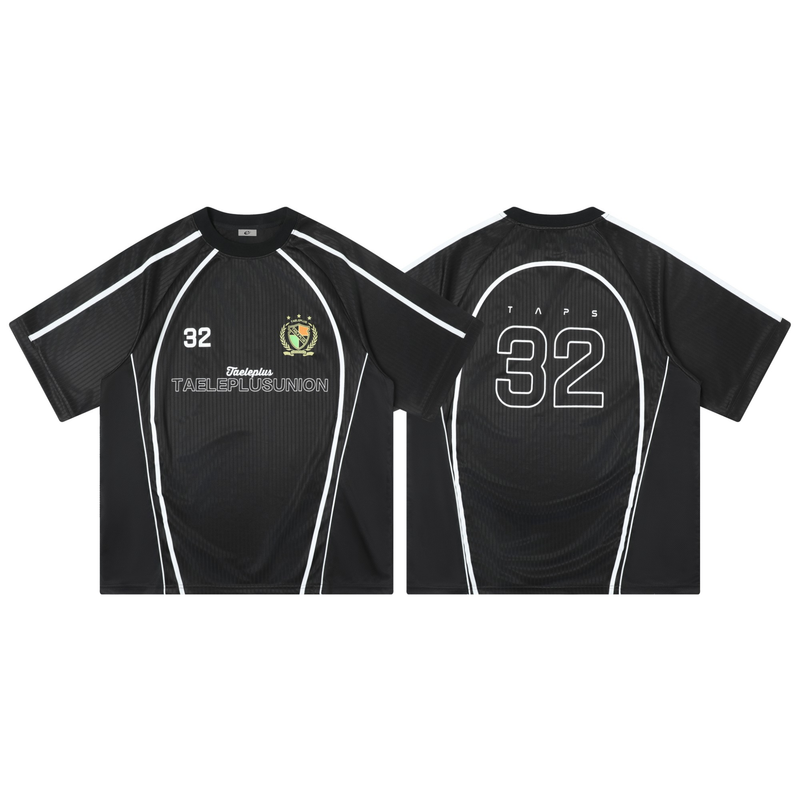 Black Taeleplus Union 32 soccer jersey tee with white piping, front crest, and large number 32 on the back