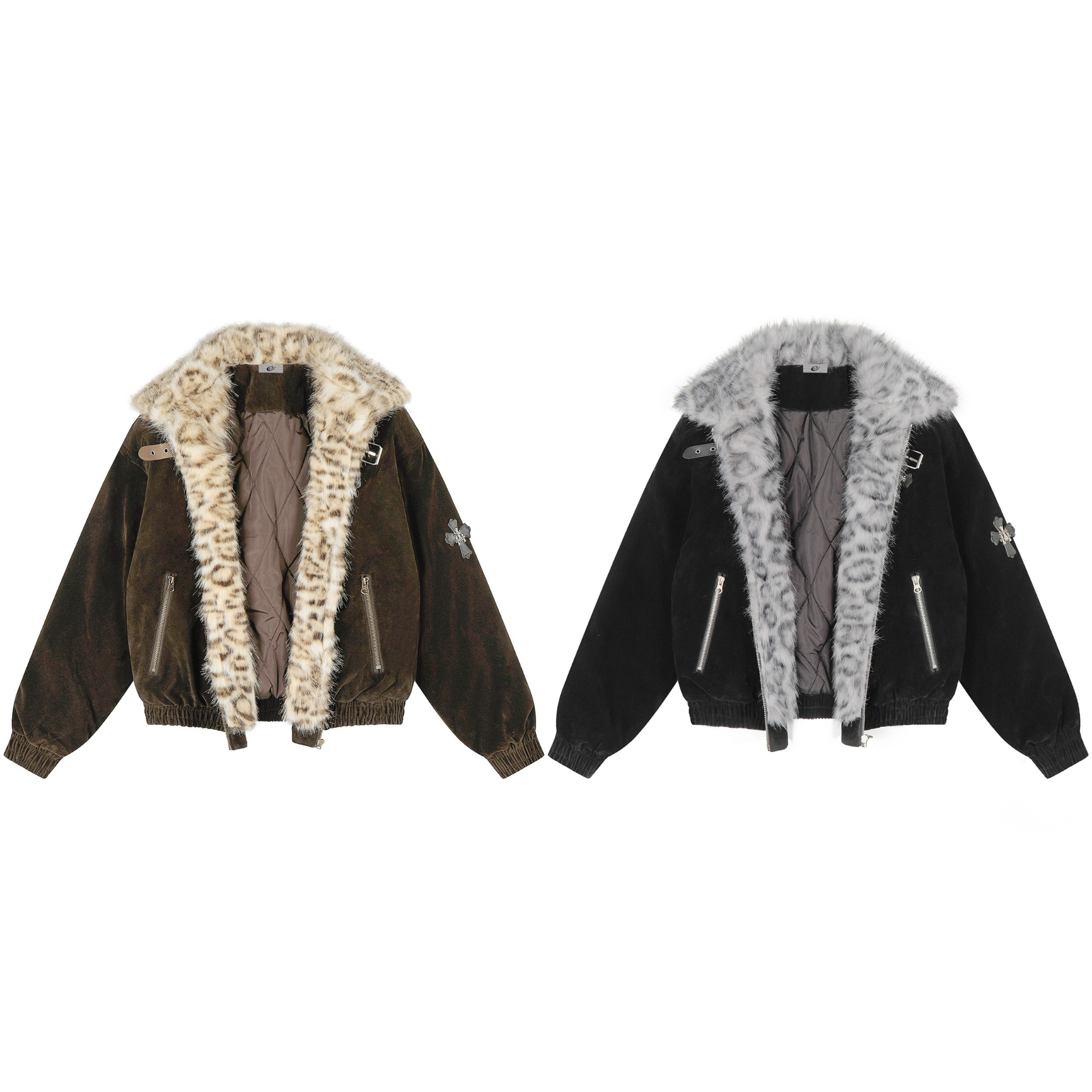 Omirad faux fur leopard collar suede-texture bomber jacket shown open in brown and black colorways with quilted lining visibl