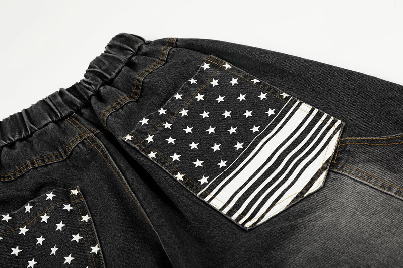 Close-up of back pocket with white stars and black-and-white striped panel