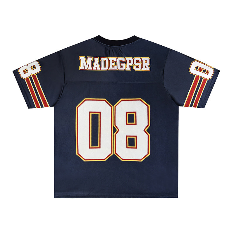 Navy MADEGPSR football jersey with oversized 08 graphic and varsity-style striped sleeves