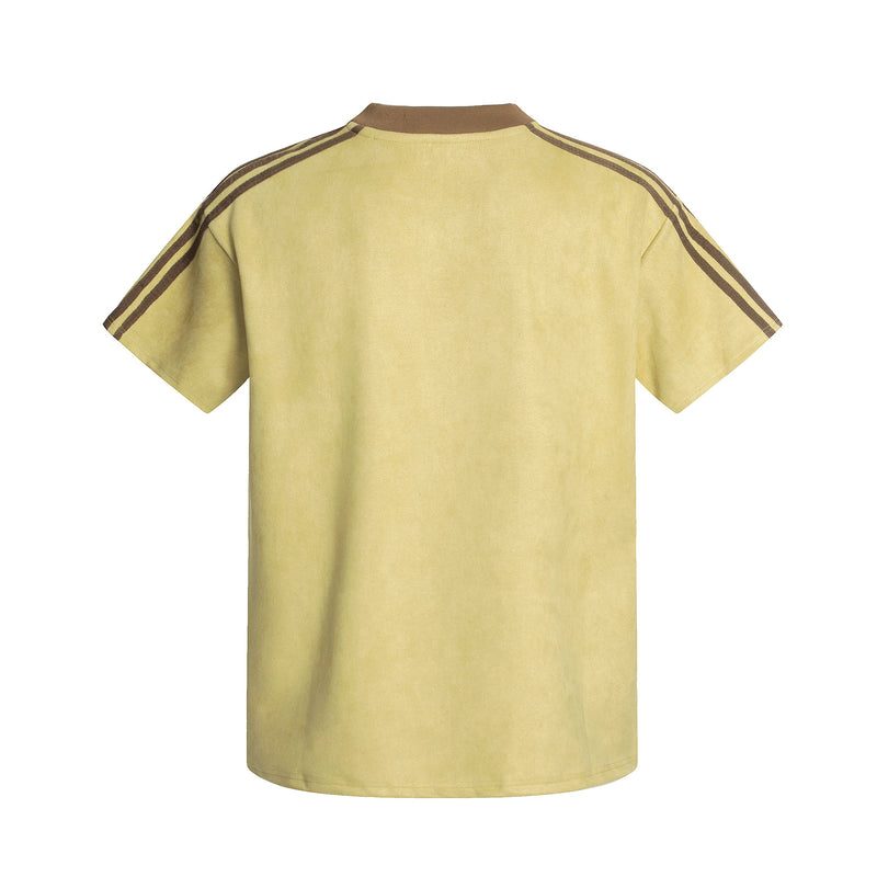 Back view of a yellow colorblock varsity mesh jersey tee with brown striped trim and a brown ribbed collar