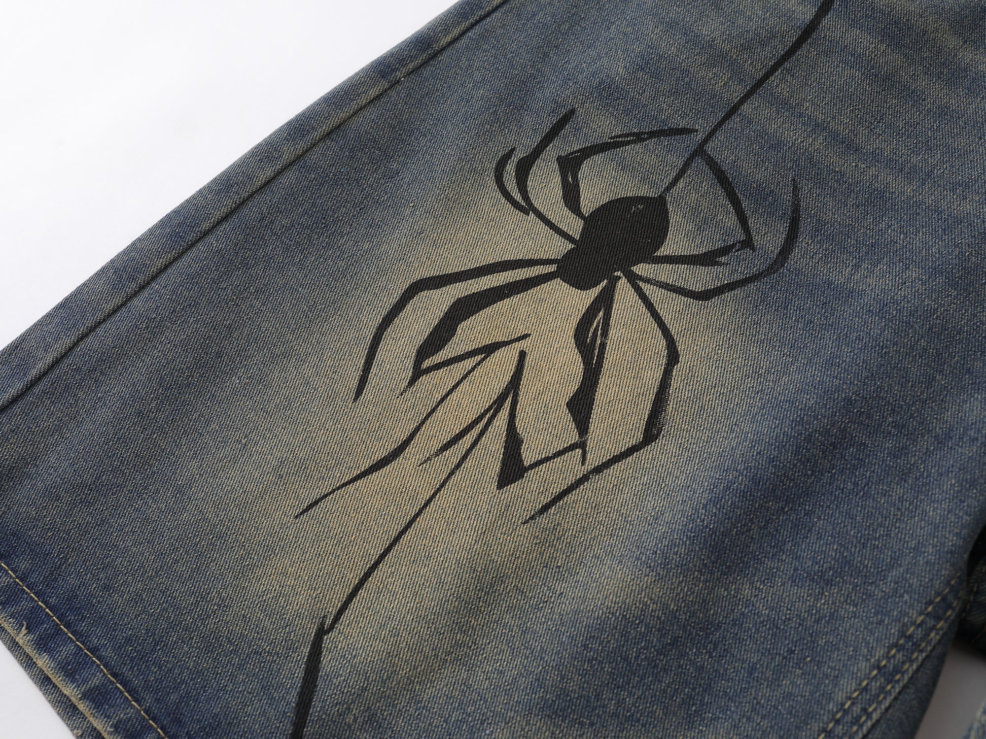 Spider Web Graphic Wide-Leg Denim Shorts | Streetwear