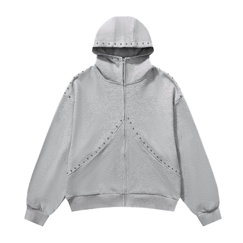 Gray zip hoodie front view with studded hood, shoulders, and curved front seams