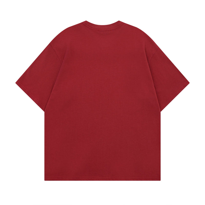 Burgundy oversized streetwear graphic tee with a plain back and relaxed short sleeves on a white background