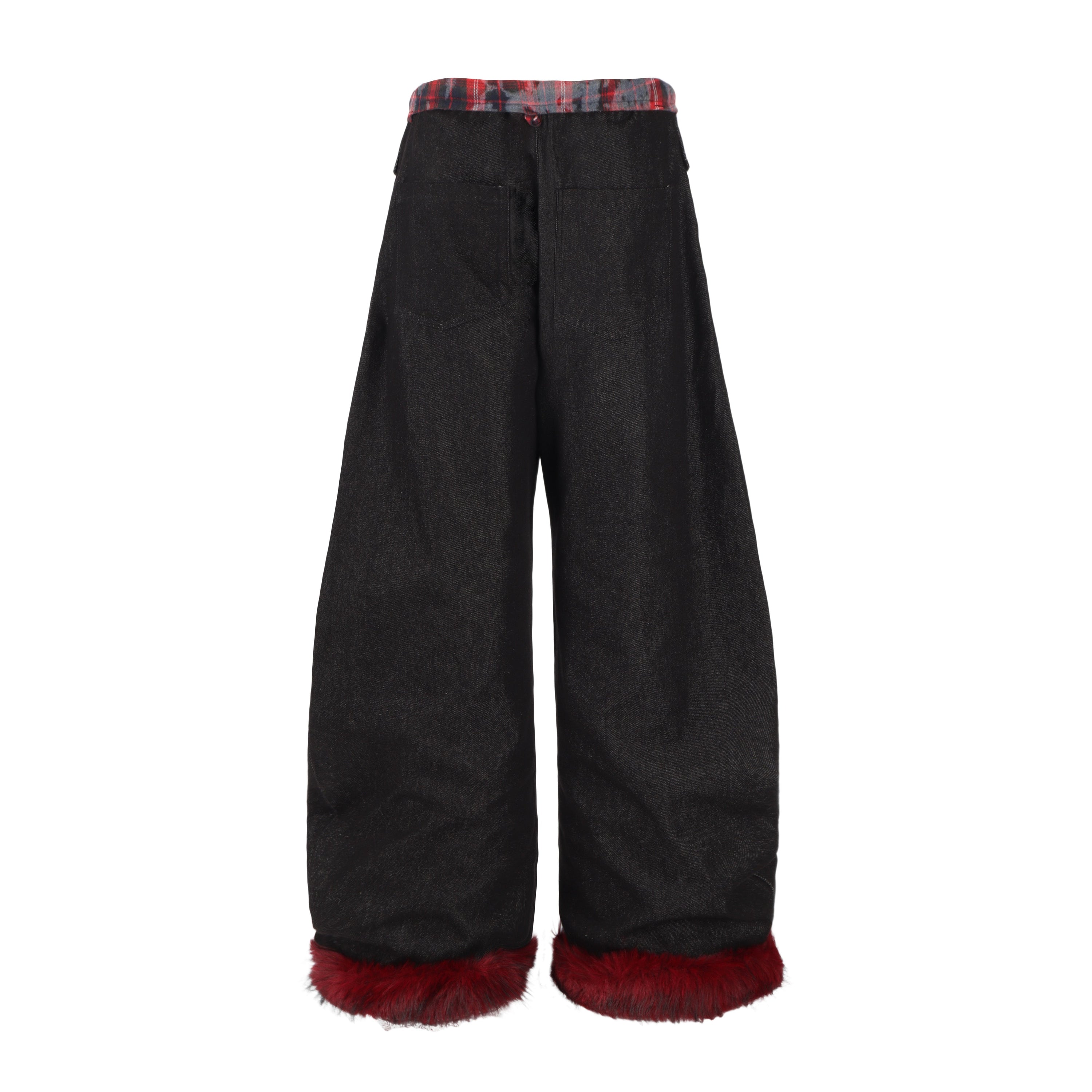 Omirad Flannel-Lined Faux Fur Barrel Leg Denim Pants