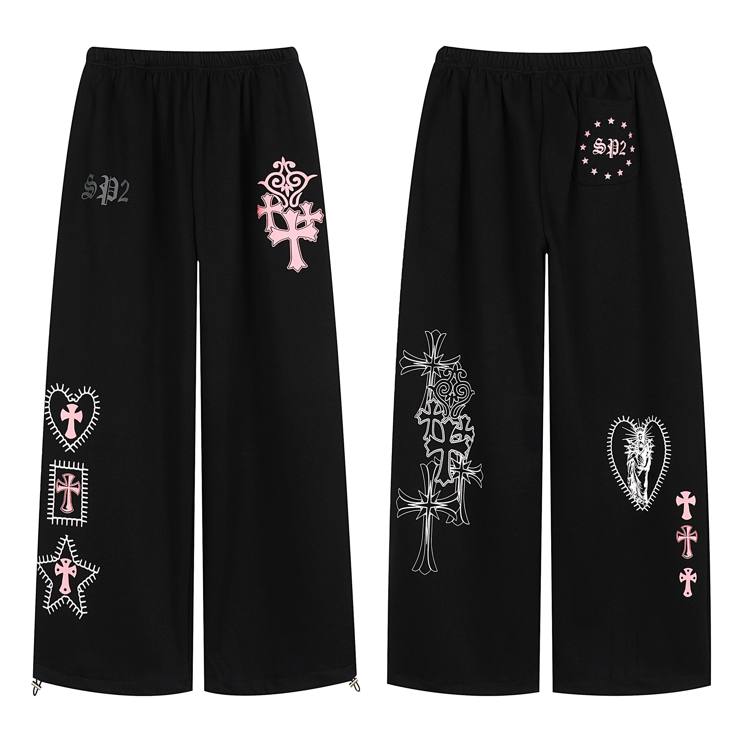 Black wide-leg sweatpants with pink and white gothic cross graphics shown front and back on white background