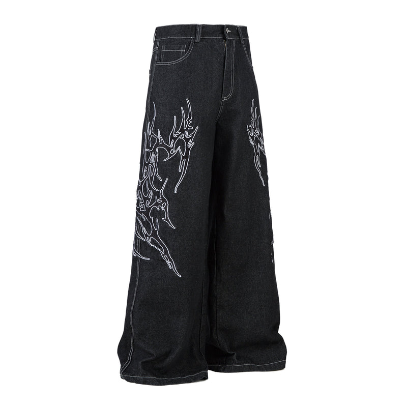 Tribal Wide-Leg Black Denim Jeans | Streetwear Baggy Fit