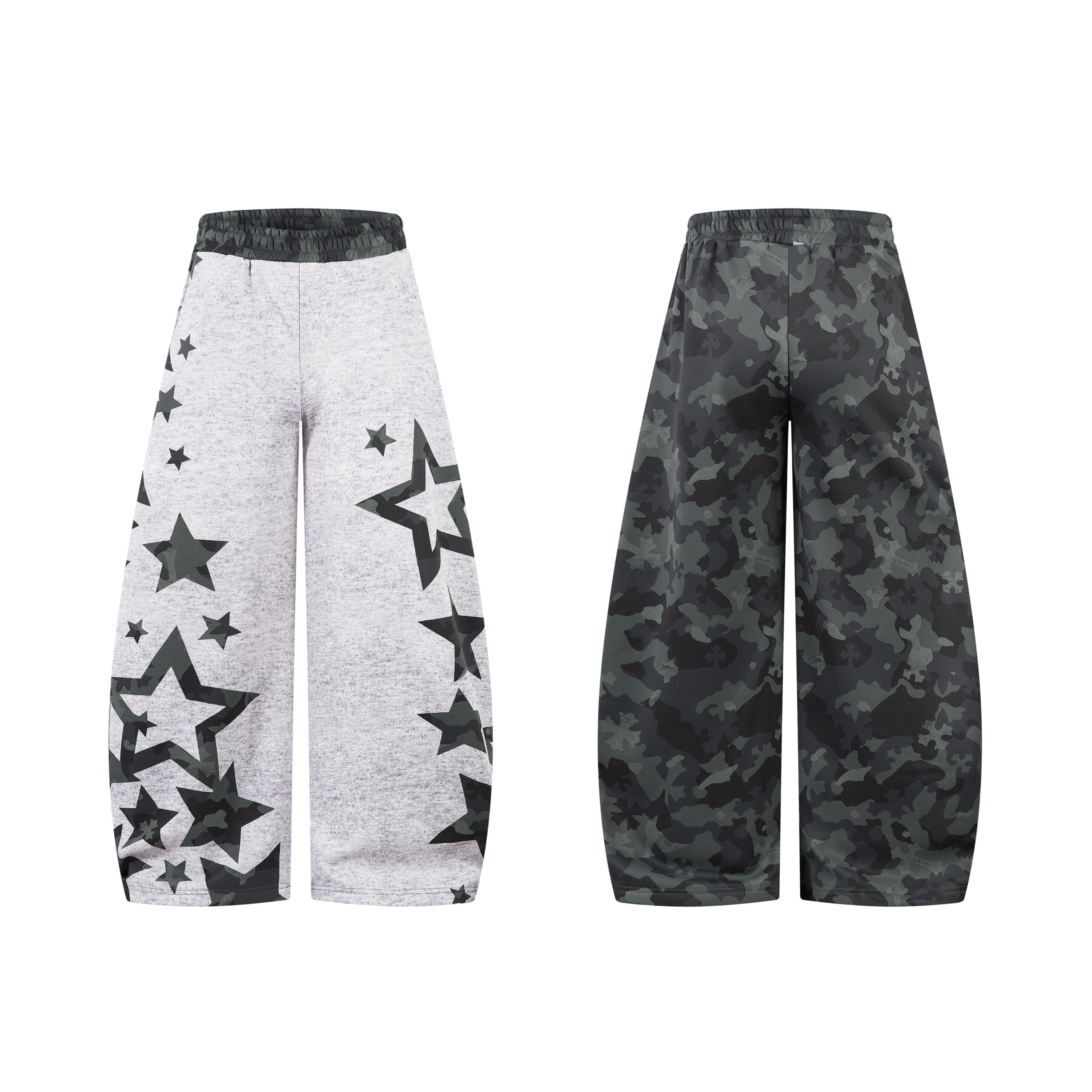 Light grey wide-leg sweatpants with scattered dark camo star print on front and camouflage pattern on back, elastic waistband