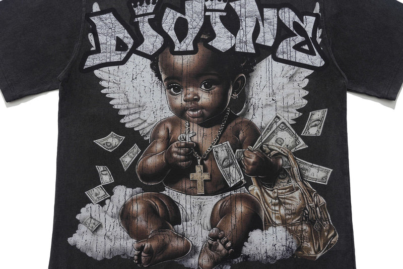 Black vintage wash graphic T-shirt featuring a cherub baby, angel wings, floating dollar bills, and bold distressed streetwear print