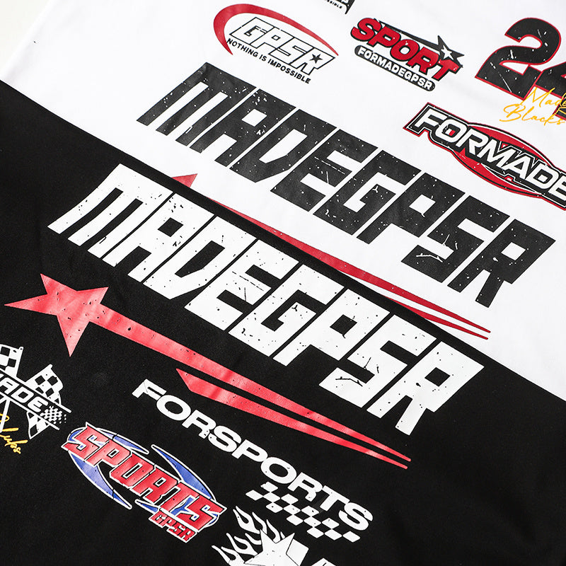 Oversized cotton T-shirt with bold MDGEPR motorsport racing graphics and black, white, and red print details