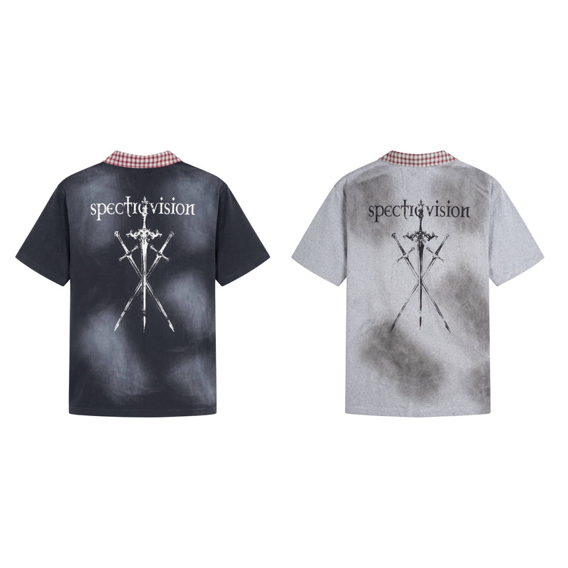 Black and gray grunge polo tees with plaid collar and gothic sword graphic on the back, shown side by side