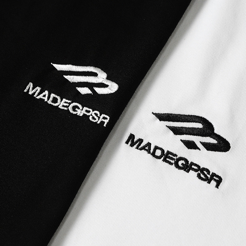 Black and white cotton tee with embroidered MADEGFRSA logo and minimalist streetwear design