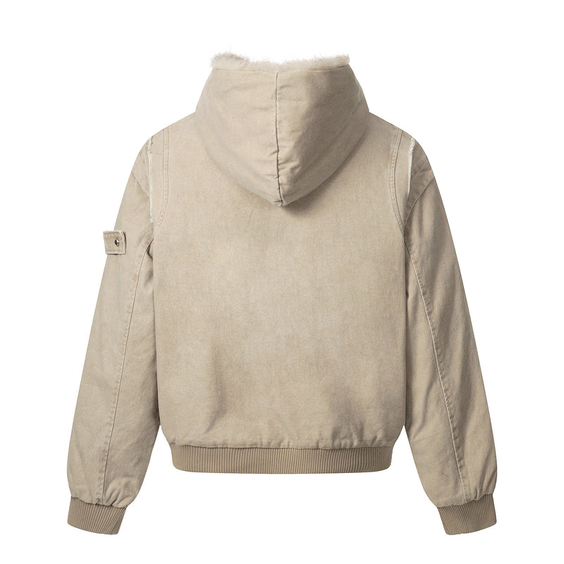Washed Shearling-Lined Denim Hooded Bomber Jacket