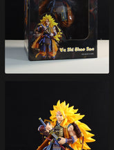 The Seakoff Goku Samurai Collectible Figure from Dragon Ball Z, at 30cm, showcases a samurai-inspired design. It features spiky yellow hair and an elaborate orange and blue outfit while clutching a sword. The box is marked "Wu Shi Chao Sai," with "2022 Made in China.