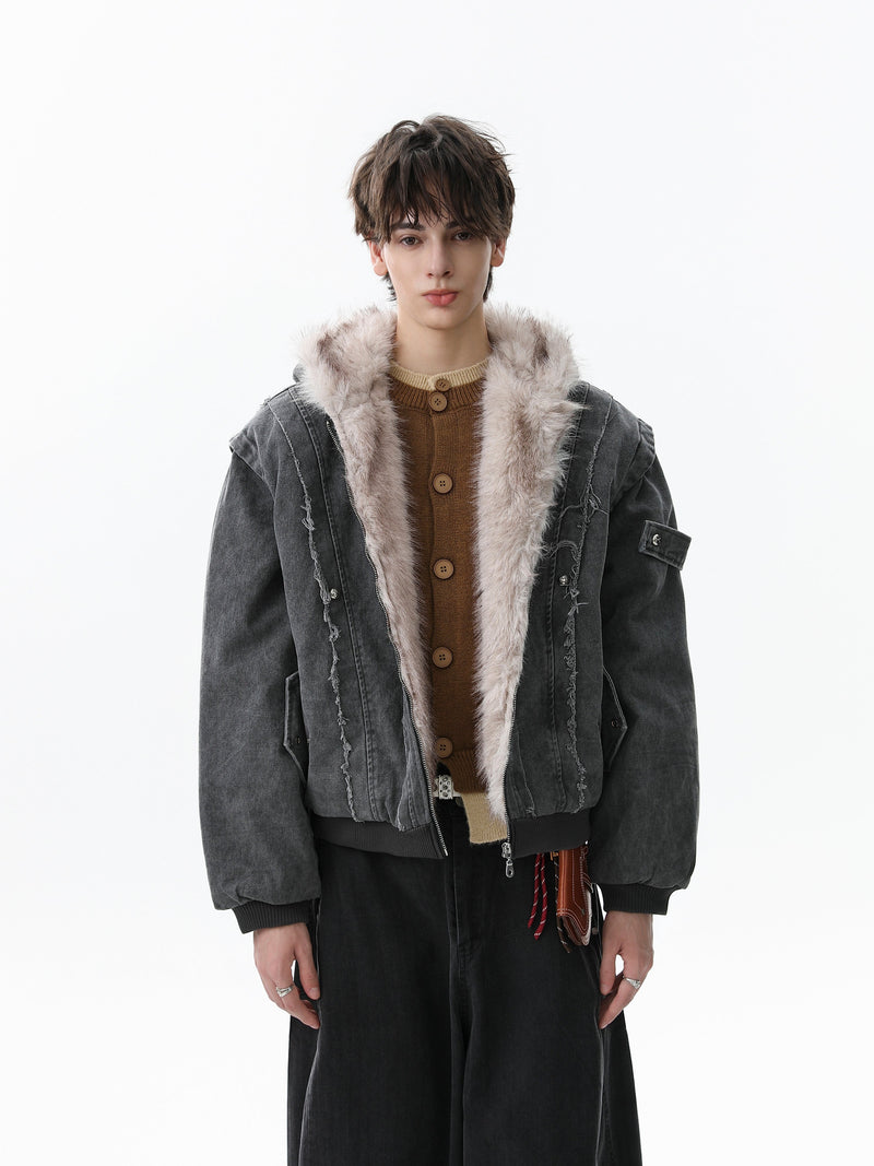 Washed Shearling-Lined Denim Hooded Bomber Jacket